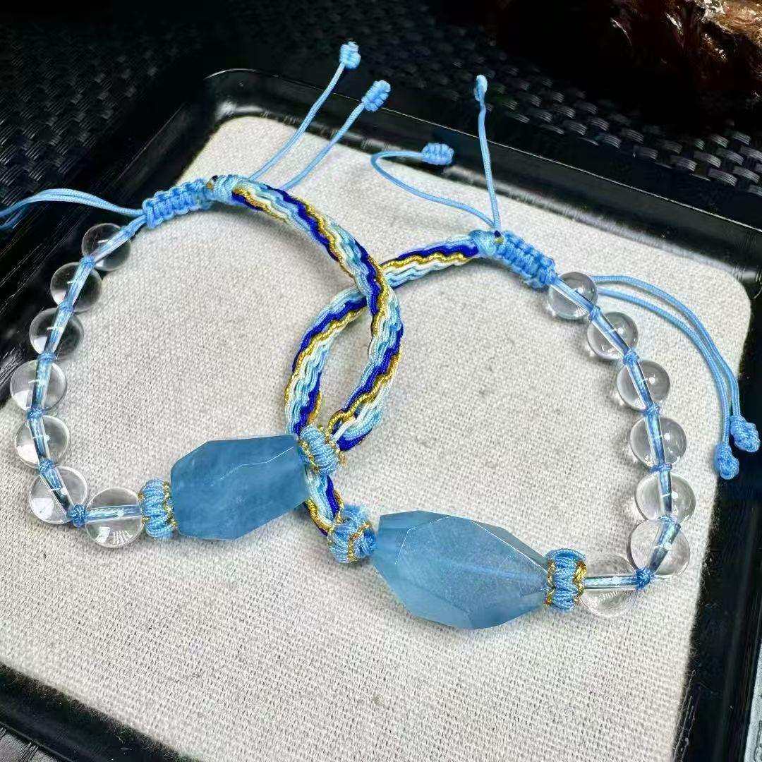 热卖款精品天然海蓝宝随型轮回结手绳天然白水晶圆珠串制手工编织