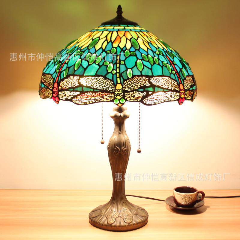 跨境欧美16英寸绿蜻蜓蒂凡尼欧式台灯卧室床头复古创意酒吧咖啡厅