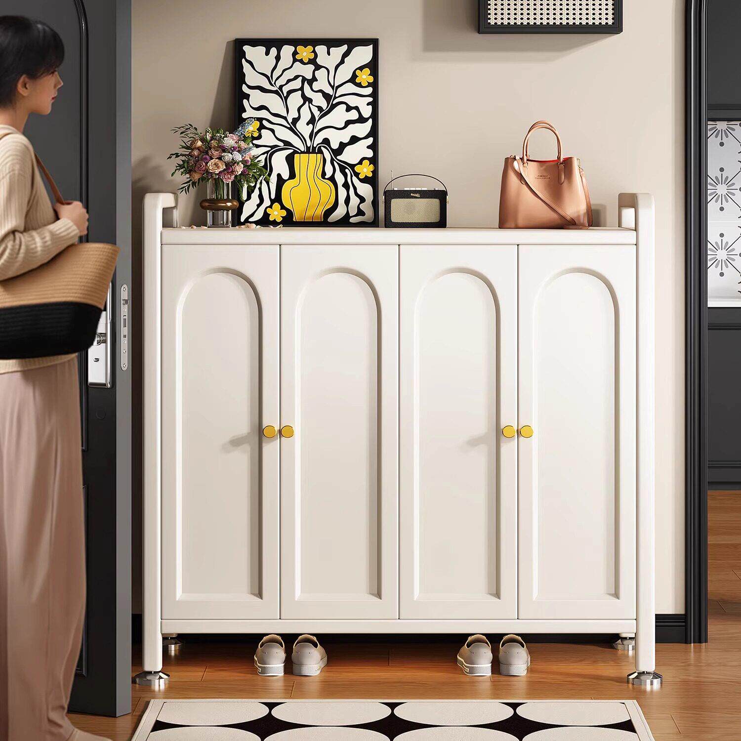 简约现代钢制鞋柜家用门口玄关室内大容量落地多层防尘翻门鞋架子