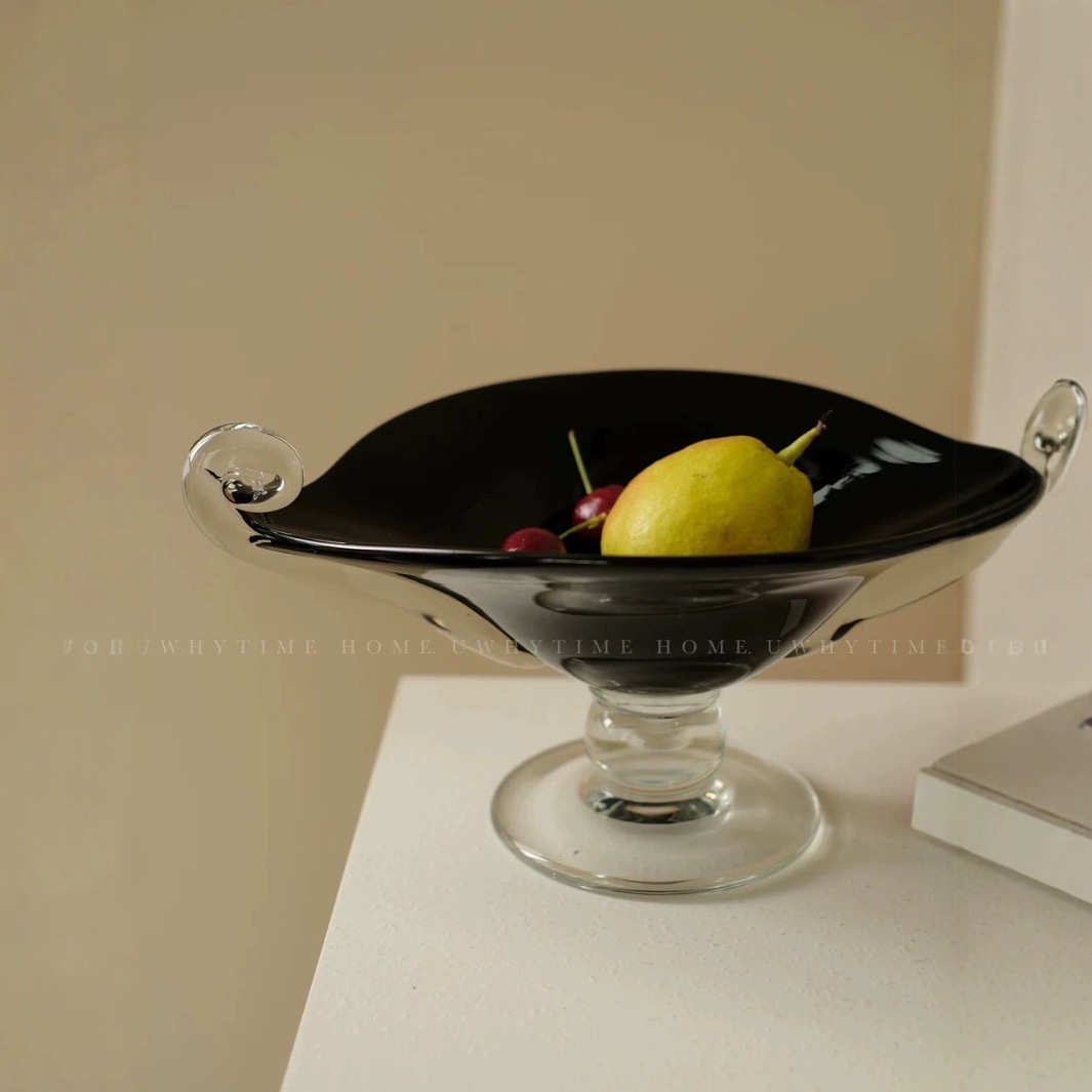 透明耳朵法式复古中古风高脚琉璃黑色水果盘轻奢装饰盘软装摆件