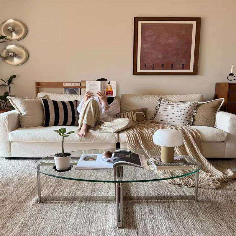 北欧复古高端钢化玻璃茶几客厅家用小创意不锈钢椭圆形桌子矮桌