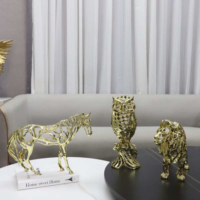 北欧创意几何镂空动物狮子大象骏马雕塑金属摆件客厅玄关家居饰品
