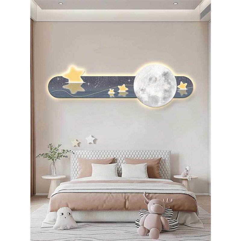卡通创意led床头温馨月亮装饰画精雕画高档房壁画挂灯星星儿童uv