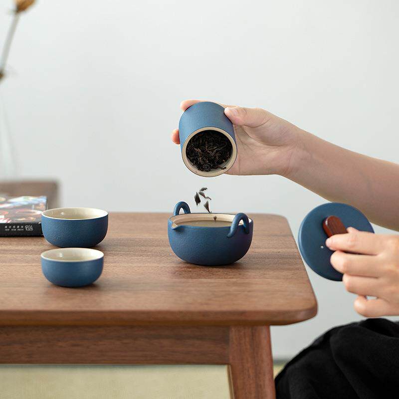 靛青釉一壶二杯旅行茶具 木盖快客杯防烫高档便携式商务