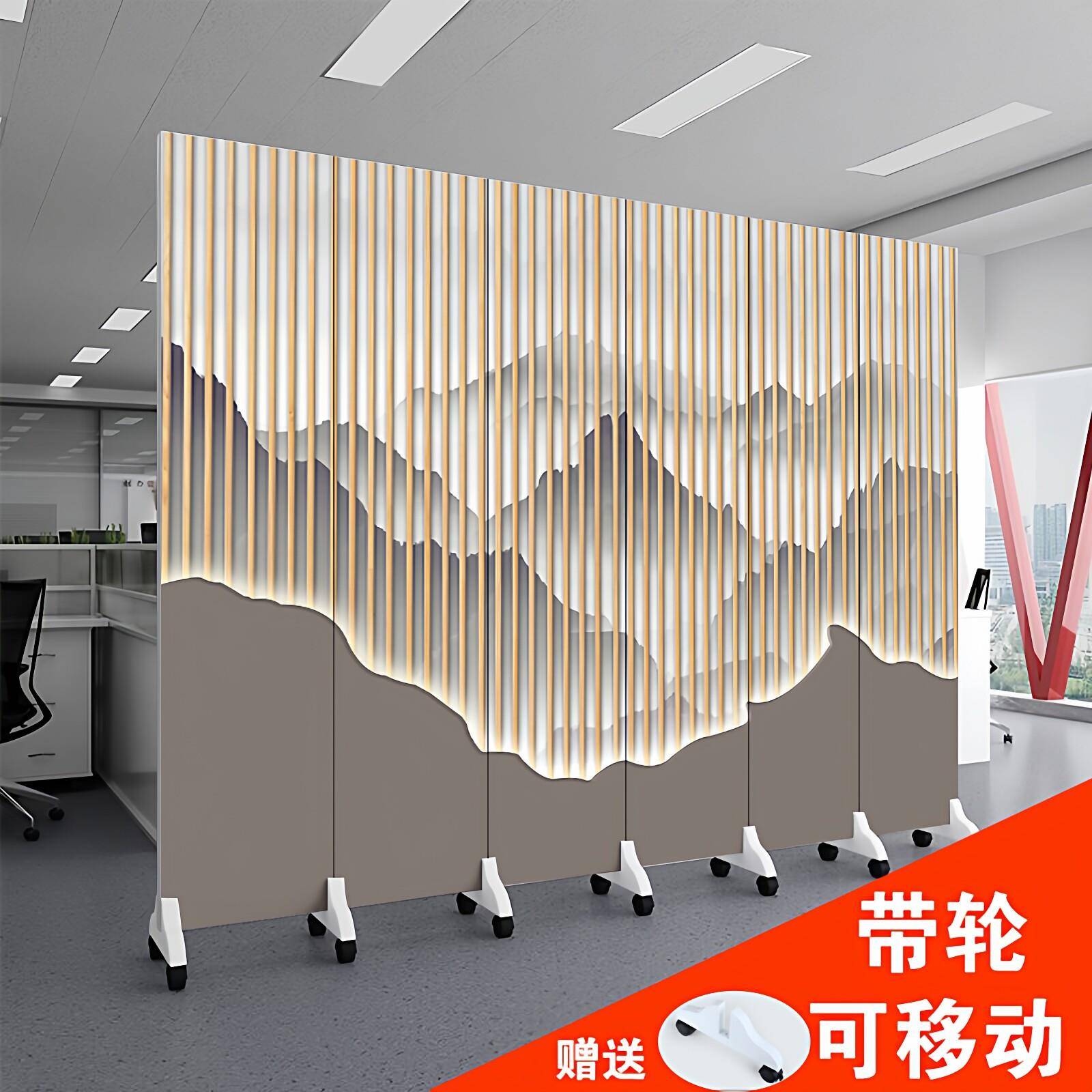 新中式屏风客厅隔间办公室酒店可移动带轮双面布艺可折叠简易隔墙