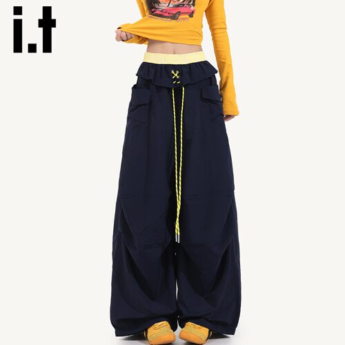 it:CHOCOOLATE藏蓝双腰伞兵休闲裤女2026新款春夏直筒阔腿工装裤