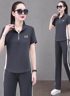 夏天冰丝运动休闲套装女2025新款时尚印花短袖妈妈减龄洋气运动装