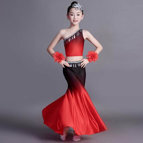 正品儿服童傣族舞蹈演出童孔雀尾舞包臀鱼裙幼儿民族艺考女练功半