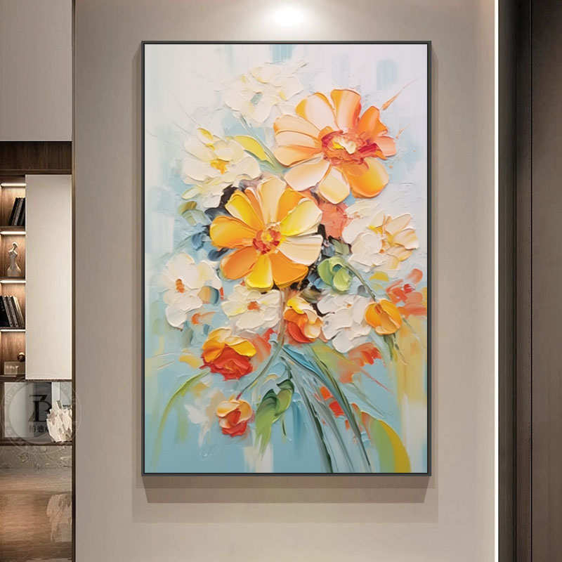 立体油画花卉玄关装饰画现代入户正对门肌理挂画抽象艺术客厅壁画图片