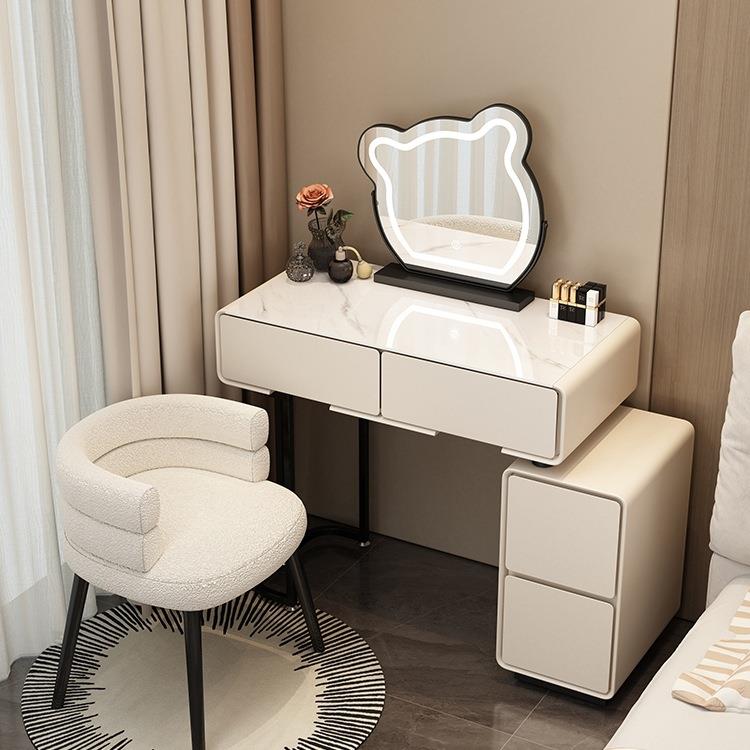 小户型卧室岩板梳妆台60CM现代简约奶油风主卧玻璃斗柜一体化妆桌