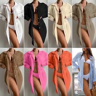 Women's Cotton Button Down Shirt Swimwear Cover Up Long Slee