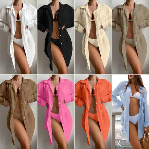Women's Cotton Button Down Shirt Swimwear Cover Up Long Slee