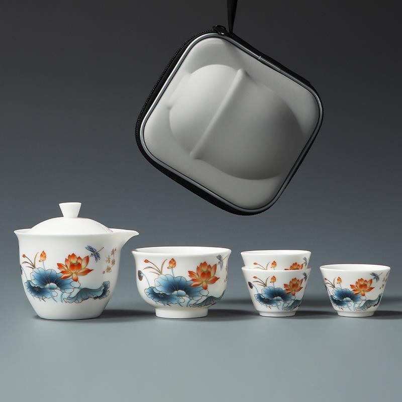 羊脂玉瓷手抓壶旅行茶具快客杯一壶四杯不烫手户外露营泡茶壶送礼