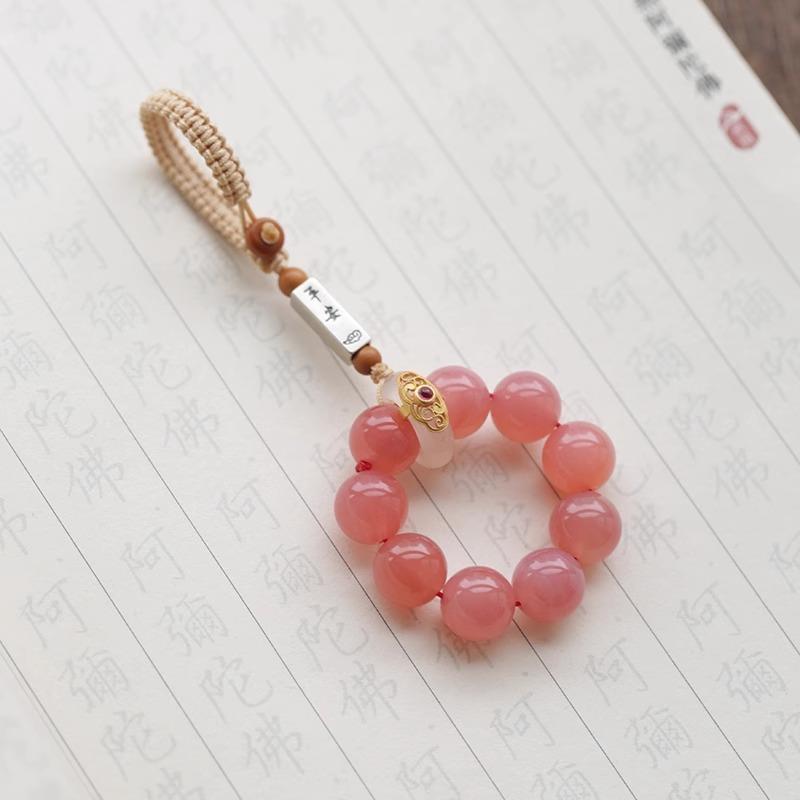 天然草莓晶钥匙扣挂件水晶圆珠指环防摔挂绳手捻手机挂饰女神礼物