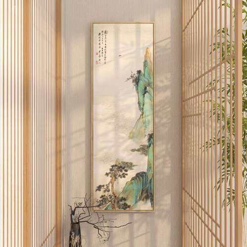 新中式玄关竖版长条山水画挂画茶室书房走廊过道意境山水古代壁画