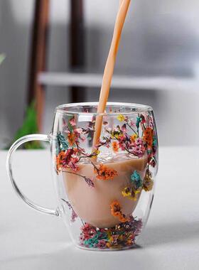 Creative Double Wall Glass Cup Real Flower Conch Flash Fill