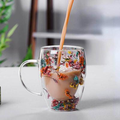 Creative Double Wall Glass Cup Real Flower Conch Flash Fill