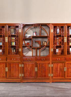 实玻木书柜中储物柜置物客厅架多宝阁WGM金花梨木书架三组合璃式