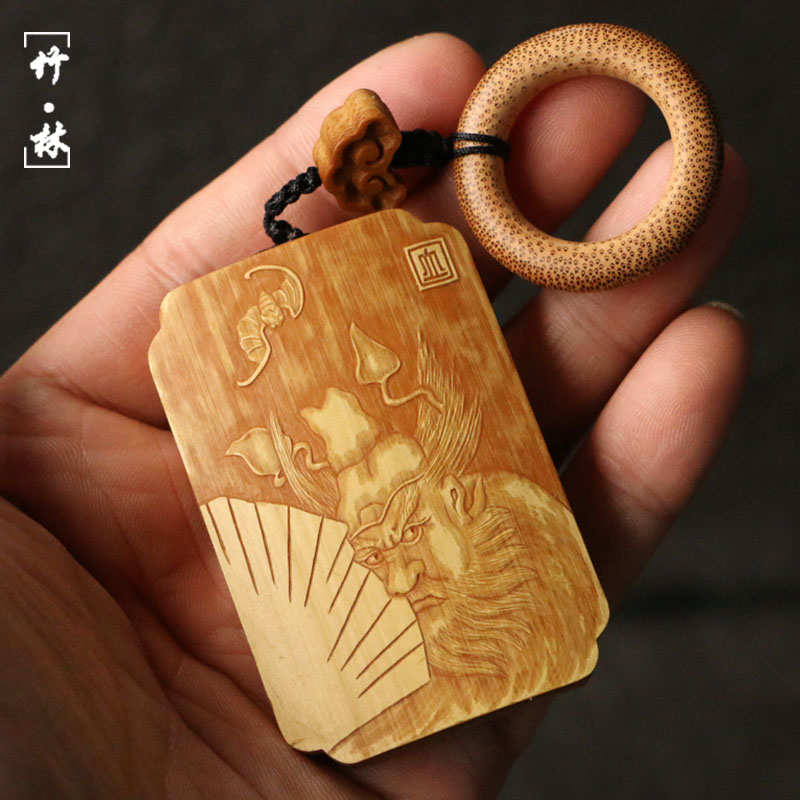 精品名家裘立钢纯手工留青浅浮雕刻钟馗荷花老玉竹手牌挂件手把件