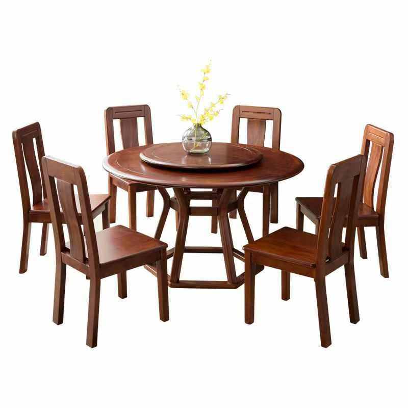 胡桃木实木餐桌椅组合中式家用小户型圆桌饭桌6人8人旋转餐厅家具