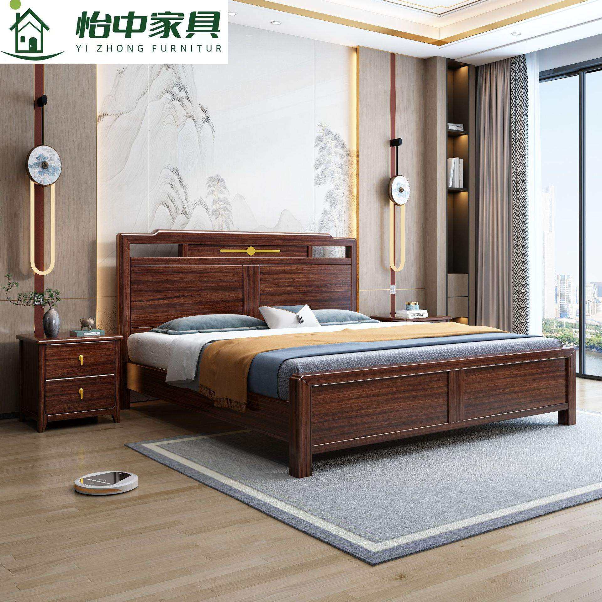 新中式全实木1.5米乌金木实木大床1.8米双人大床婚床主卧储物家具