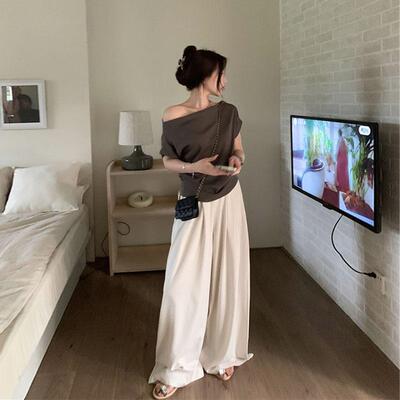 收腰斜肩T恤女夏季新款 垂感宽松阔腿拖地裤长裤休闲 大尺码两件