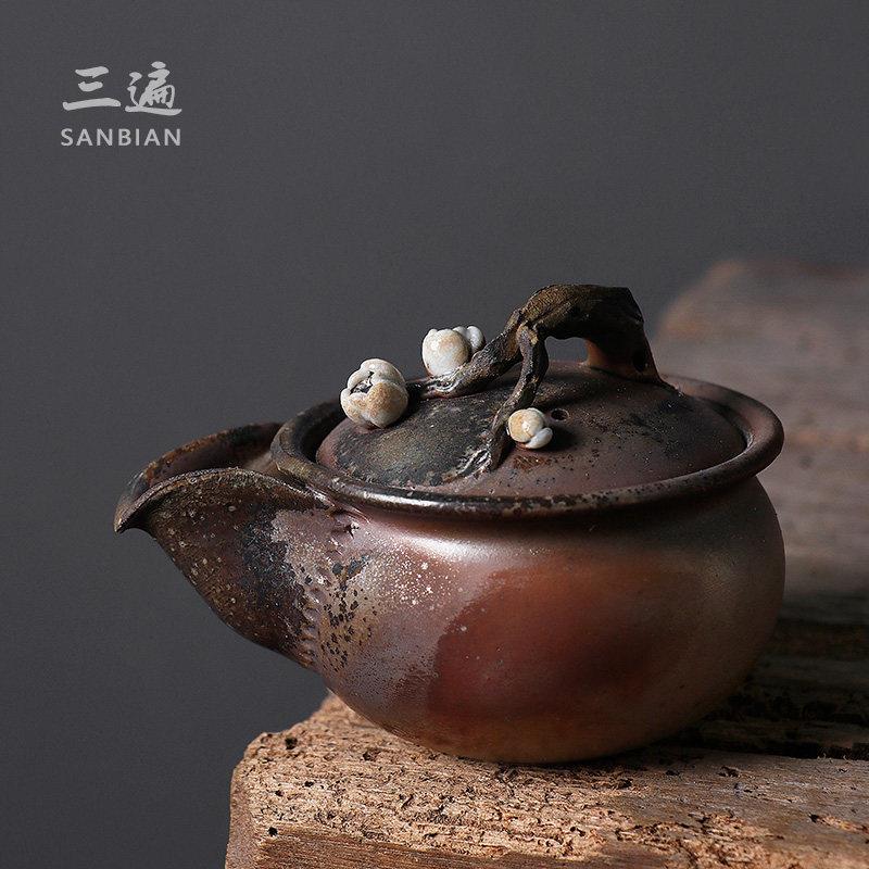 三遍 柴烧宝瓶茶壶日本纯手工粗陶手抓壶梅花盖碗功夫茶具泡茶器