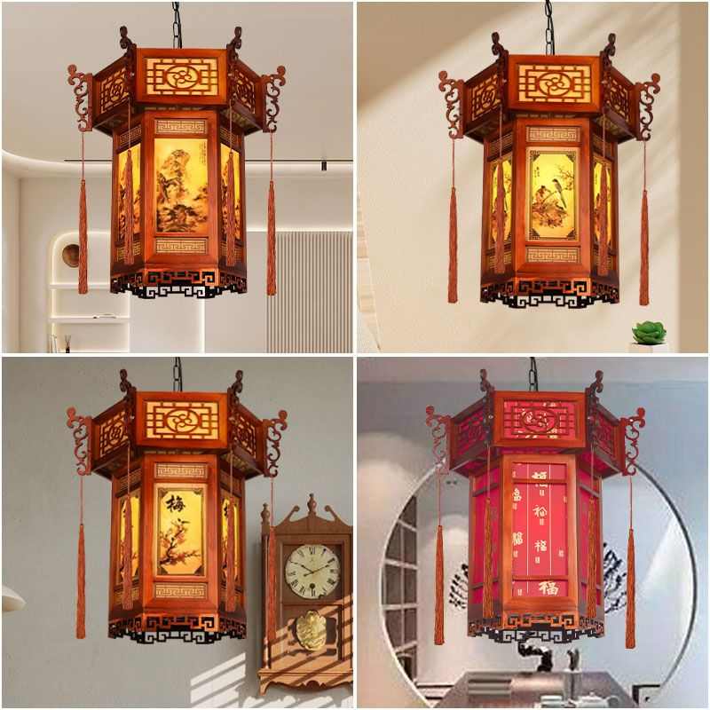 中式实木吊灯六角宫灯仿古红灯笼寺庙祠堂中国风古典凉亭门头灯具