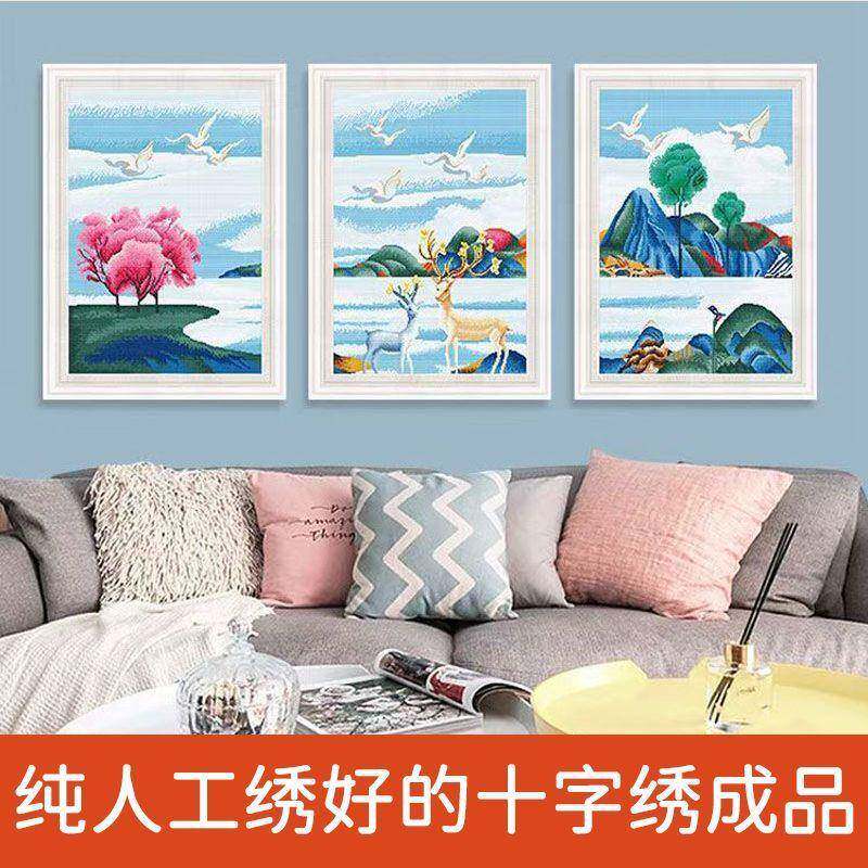 绣好的纯手工十字绣成品现代简约麋鹿生财有鹿三联挂画不带框