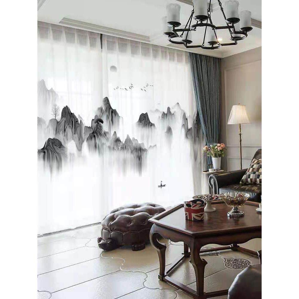 A5L半遮光不透人纱帘数码印花窗纱古典中式风山水画3D水墨画窗帘