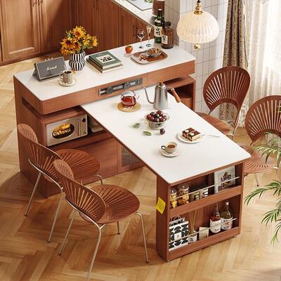 木宫匠粉丝岛台餐桌伸缩一体中古风小户型家用多功能实木旋转吧台