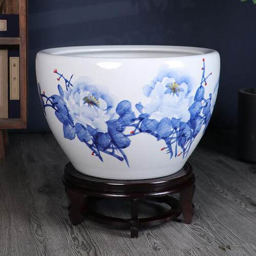 景德镇手绘青花瓷金鱼缸客厅乌龟睡莲盆荷花缸庭院室外水箱