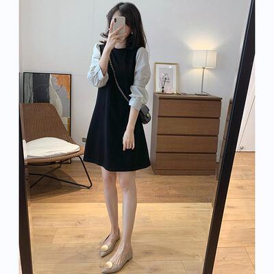 欧洲站2025秋款赫本风时尚小黑裙法式少女长袖假两件衬衫式洋装女