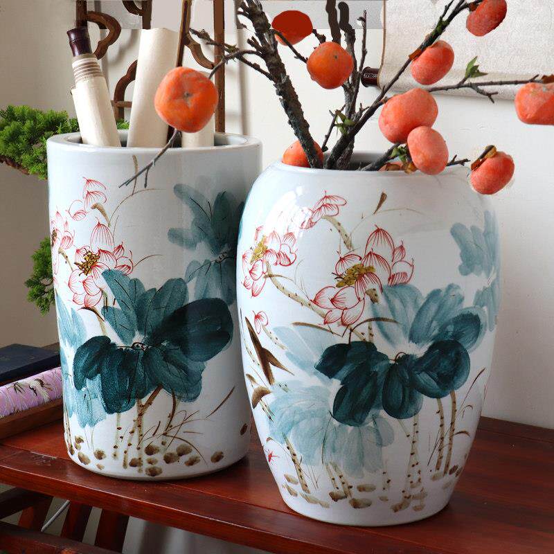 景德镇陶瓷花瓶书画 画缸卷轴缸字画 画缸中式摆件手绘青花瓷釉下