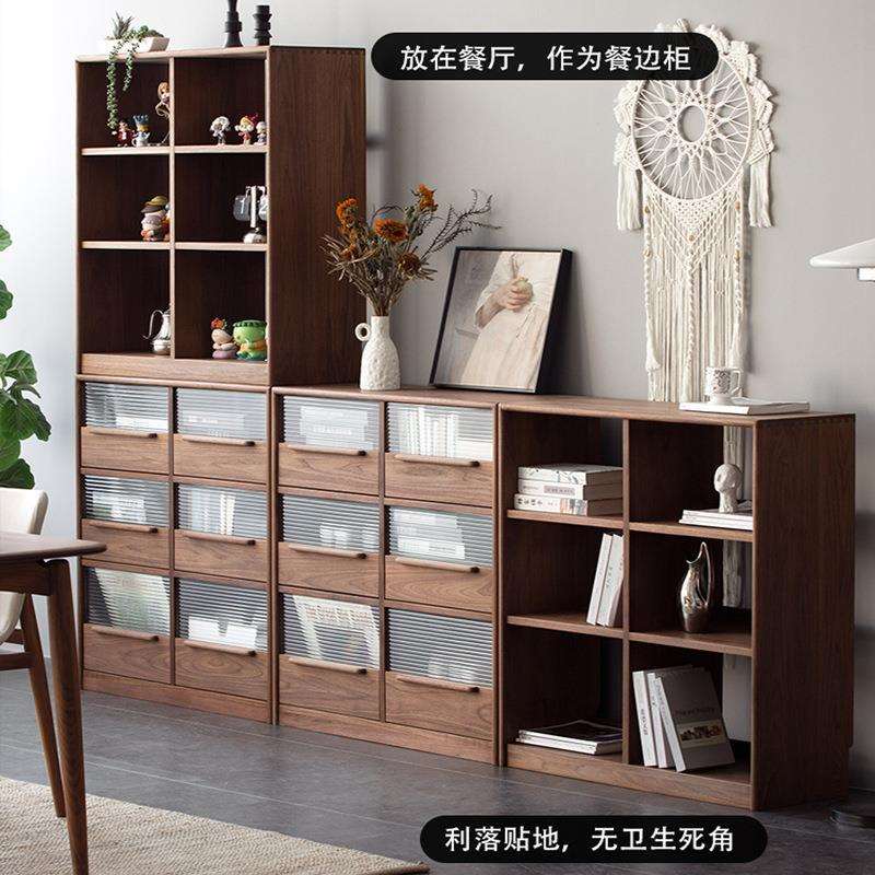 北欧黑胡桃全实木书柜置物柜现代简约格子边柜收纳柜储物柜杂志柜