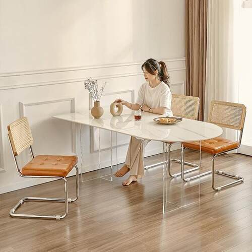 奶油风格岩板餐桌小户型悬浮亚克力餐桌椅组合椭圆形半圆岛台饭桌