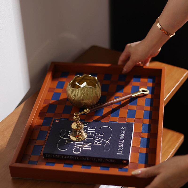 编织棋多盘棋盘格皮格质托盘家用客厅卧桌面皮收纳盒功能茶几玄关