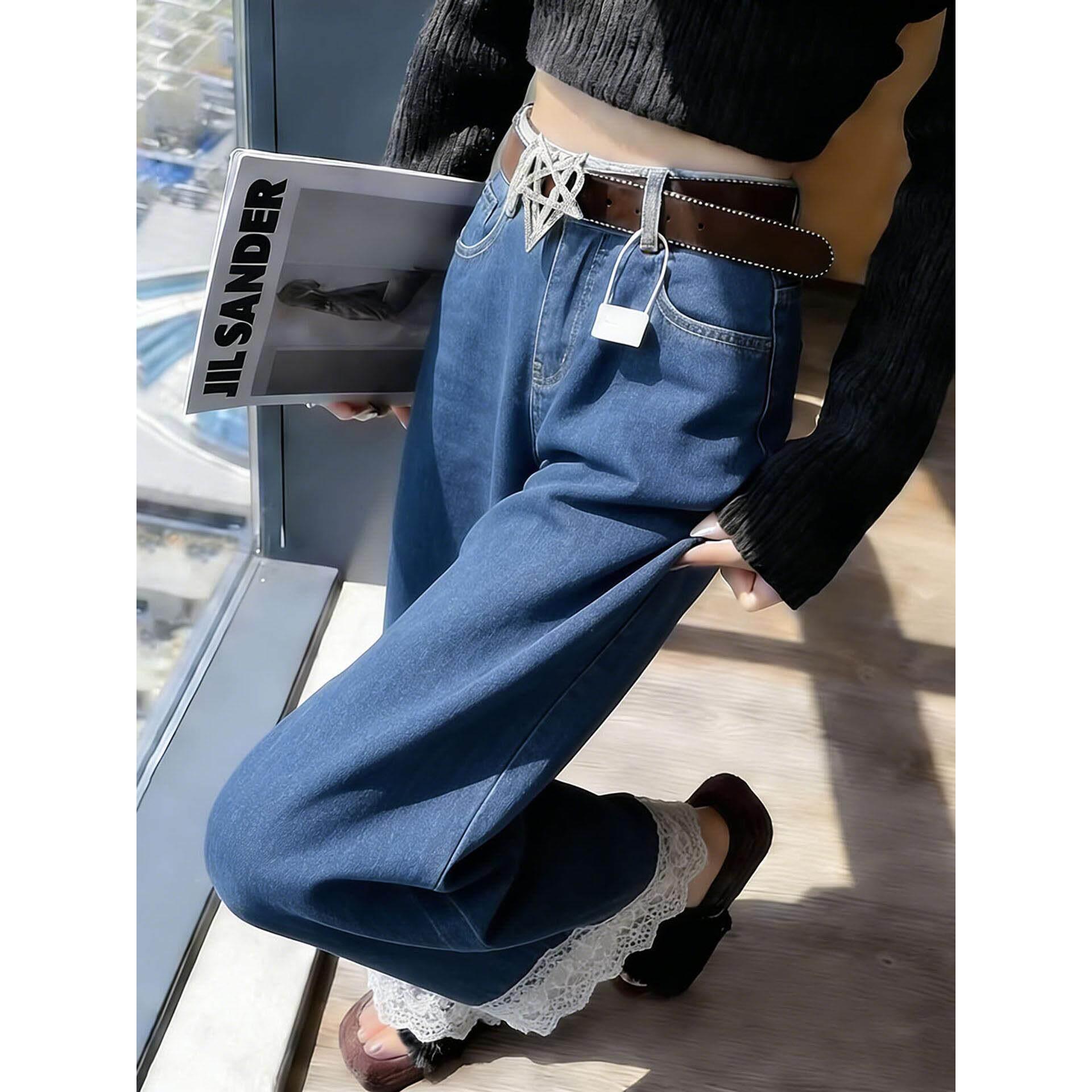 蓝色蕾丝拼接牛仔裤女春秋流行新款高腰时尚减龄通勤风好看阔腿裤