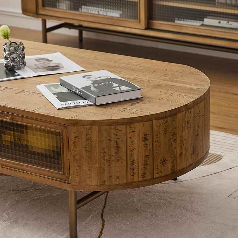 法式茶古实木几小型简复约客PTF厅储物家用椭圆形实木茶桌轻奢户