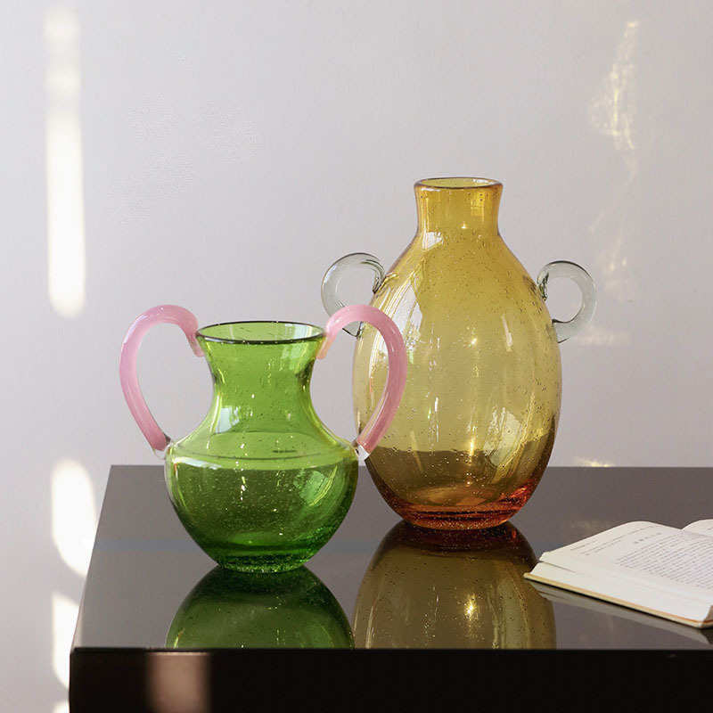 爆款新款琥珀色双耳提手玻璃花瓶清新家居设计师小众实用水培
