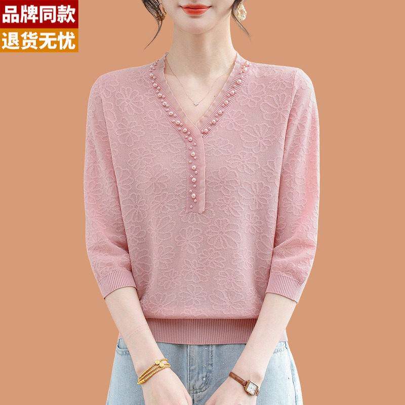 钉珠冰丝针织短袖t恤女2026新款洋气质妈妈夏装薄款蕾丝打底上衣