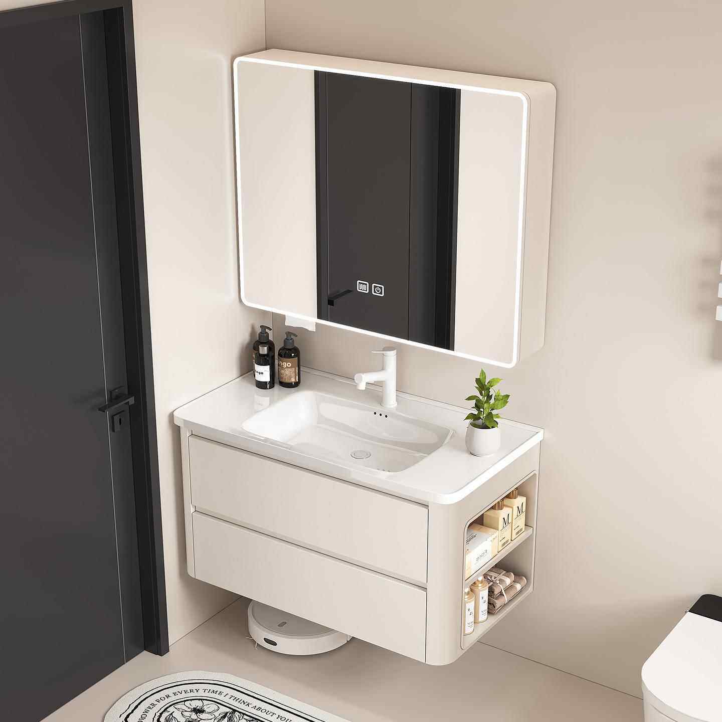 蜂窝铝浴室柜圆弧款双抽屉带侧柜陶瓷一体盆组合侧边带开放收纳格