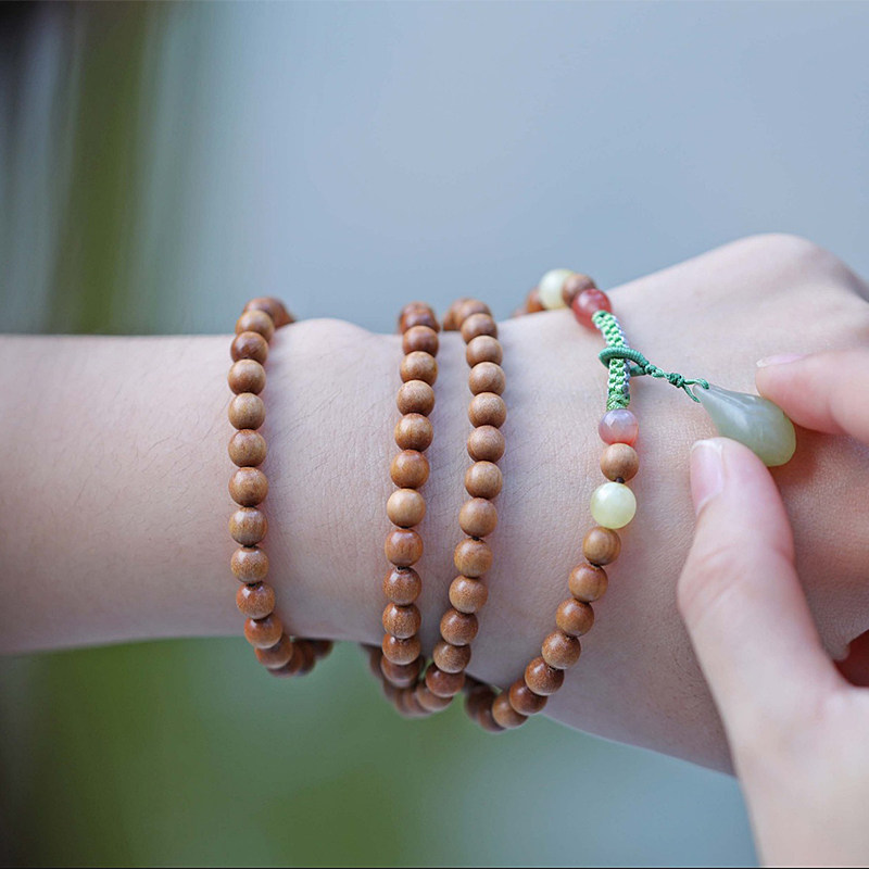 印度老山檀香6mm/108颗佛珠手串配饰蜜蜡和田玉玉兰花吊坠南红