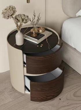 意极简黑色玻璃实式木高奢端圆MR床床头柜轻简约卧室岩板皮革窄边