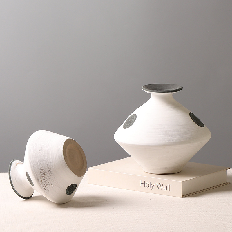 侘寂风陶泥花瓶手工拉胚手绘波点创意装饰摆件茶室书房插干花花器