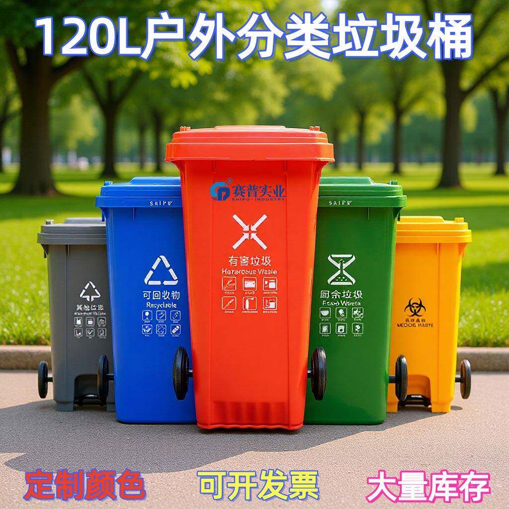 120L升带盖子分类塑料垃圾桶脚踏式户外挂车环卫桶垃圾箱圆桶环保
