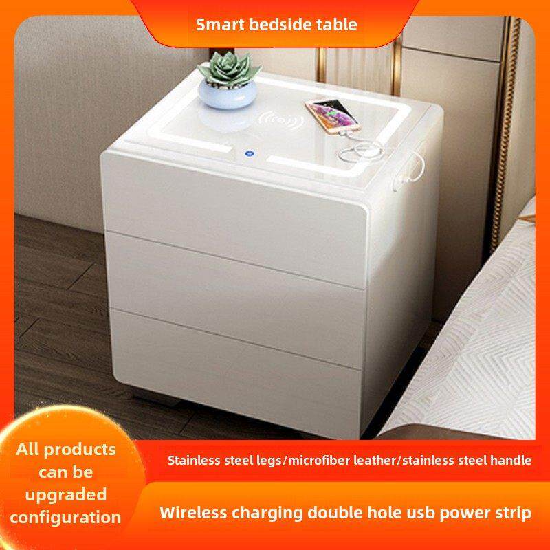 智能实木床头柜带灯指纹锁无线充电蓝牙音响卧室简约现代多功能