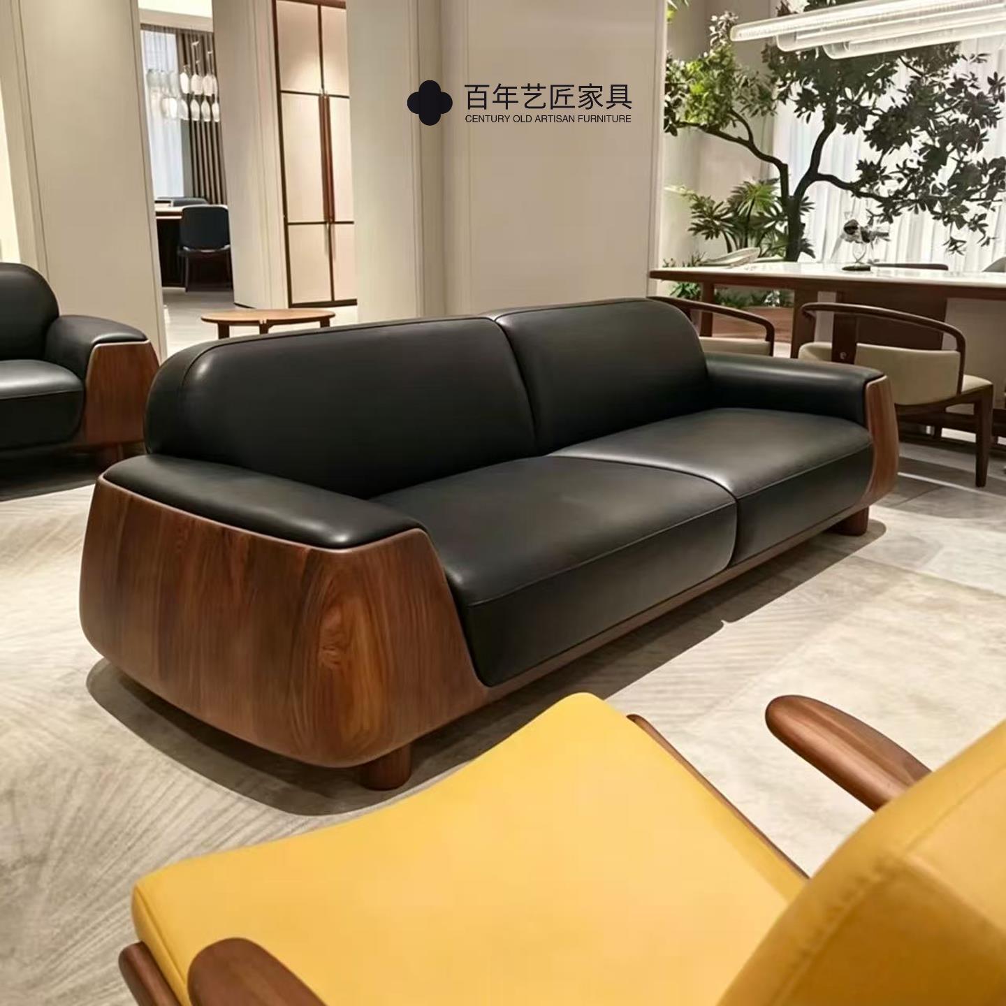 现代简约实木沙发组合黑胡桃木家用客厅皮艺轻奢实木沙发定制家具