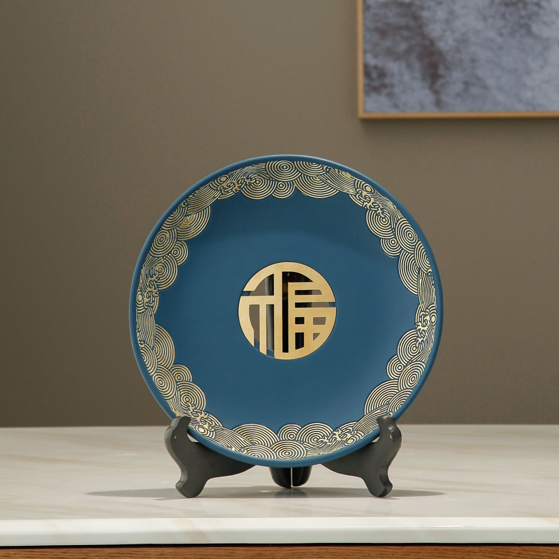 新中式福字盘子摆件创意客厅博古架玄关办公室桌面摆设树脂装饰品