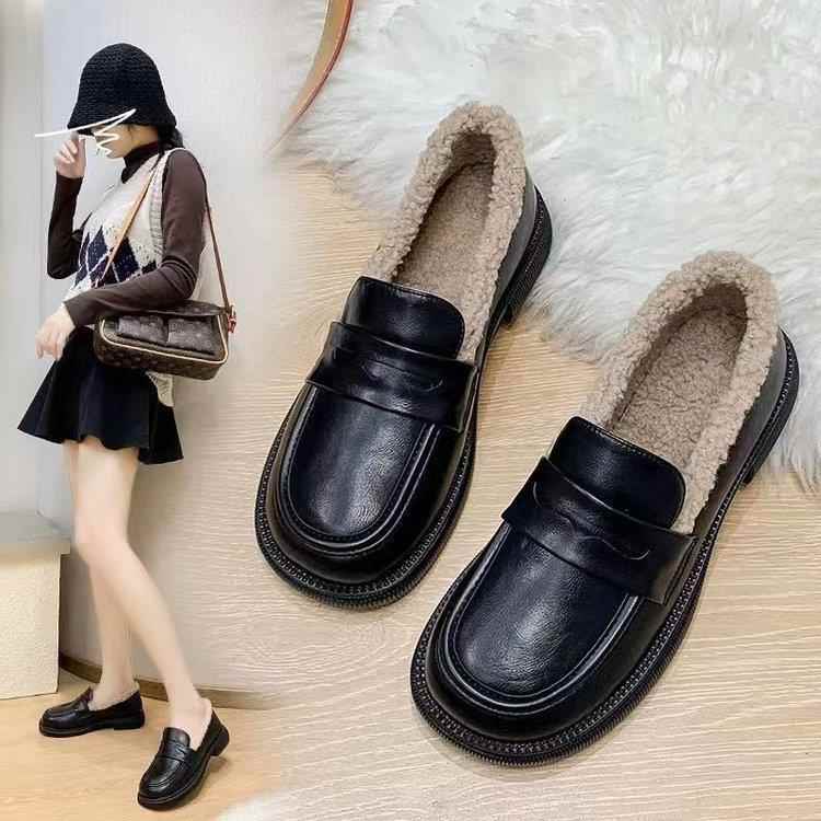 加绒保暖小皮鞋女2024秋冬新款百搭厚底豆豆鞋一脚蹬乐福鞋棉鞋子